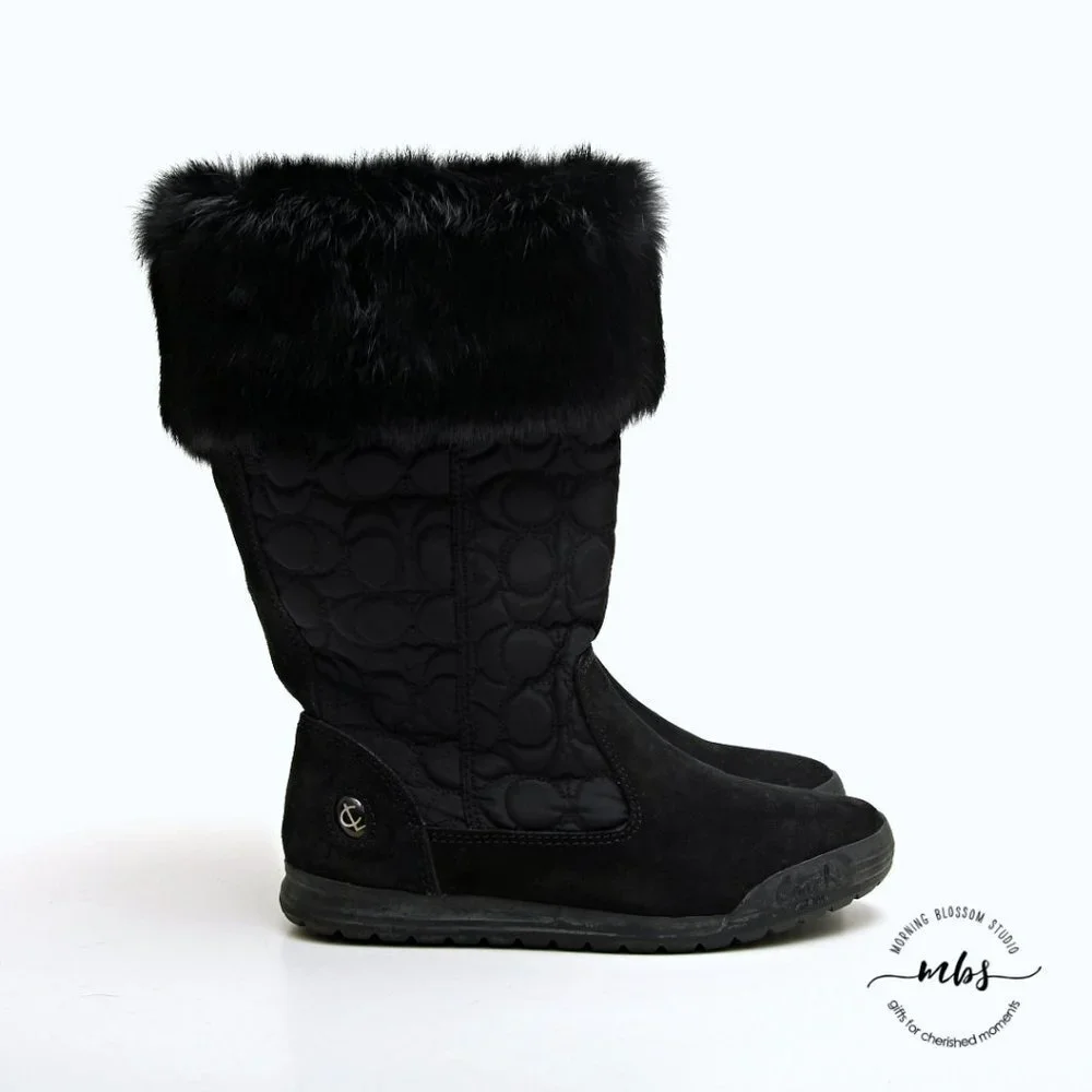 EUC Coach Talen Suede and Fur Quilted Winter Boots Black‎ Women Size 5.5